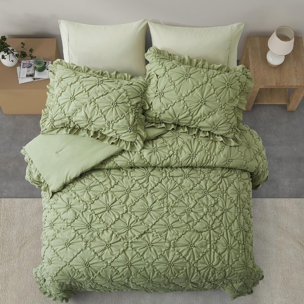 Queen Size Bed Comforter Shams Set Sage Green Ruffle Shabby Cottage Chic Bedding